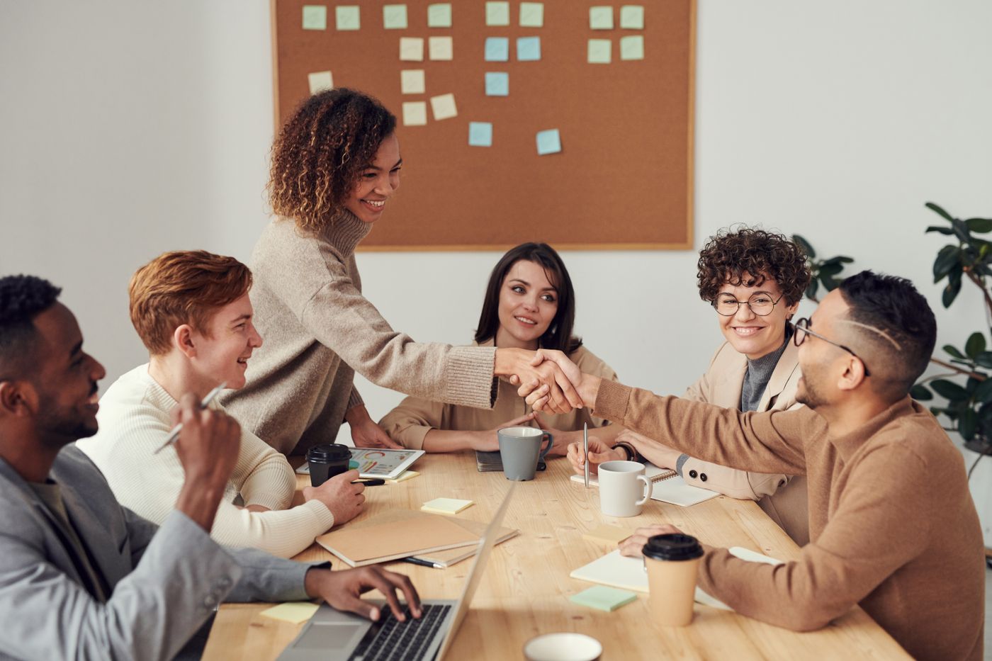 Consultants shaking hands across a meeting table